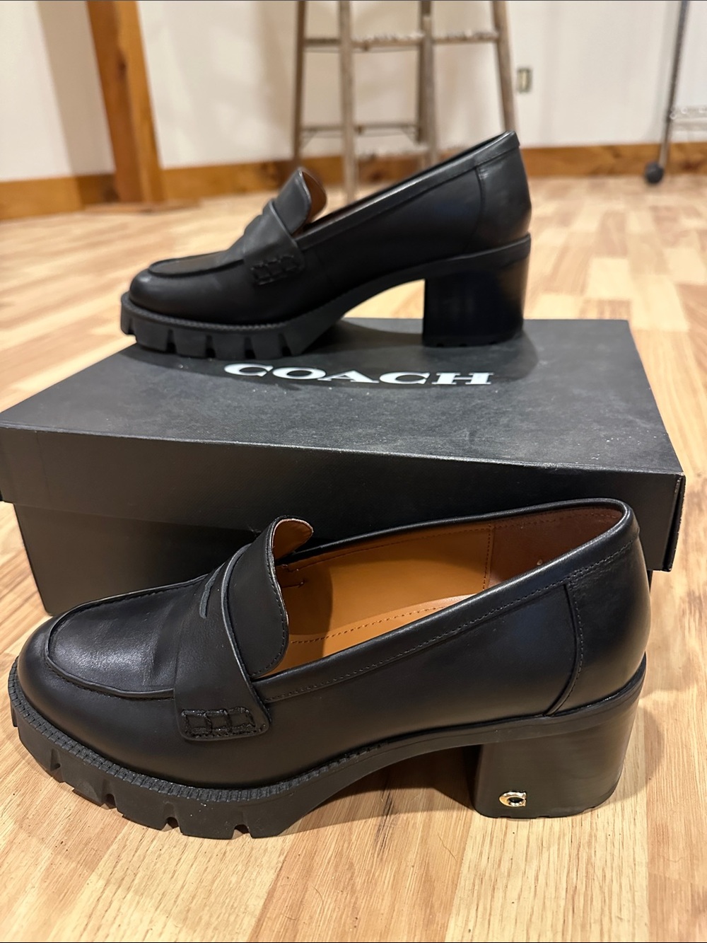 Coach Black Leather Lug Sole Block Heel Loafers